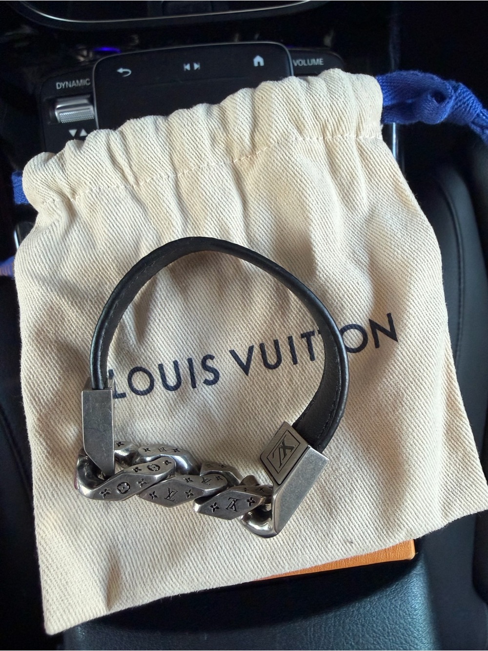 Louis Vuitton Black Leather Bracelet with Silver-Tone Chain and LV Clasp - Picture 6 of 9